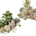Rockery Stones Landscape With Palm Like Plants Bamboo Small Green Plants Pebbles And Grass