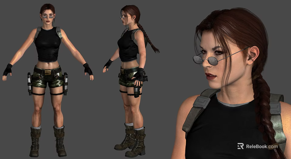 Woman In Black Tank Top And Shorts With Holsters Boots Multiple Angles View Wearing Glasses 3d model 