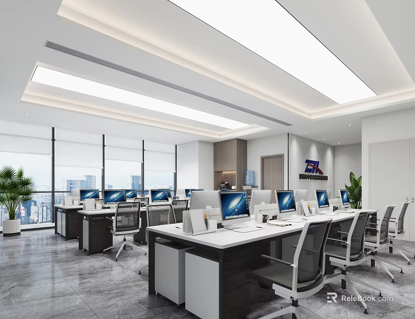 Modern Public Office Space With Workstations Computers Large Windows Office Chairs And Natural Light 3d model