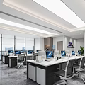 Modern Public Office Space With Workstations Computers Large Windows Office Chairs And Natural Light 3d model