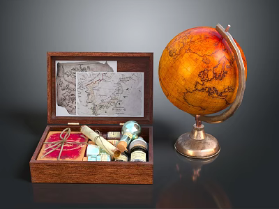 Vintage Decorative Ornament Set With Wooden Box Globe Maps And Small Decorative Pieces 3d model