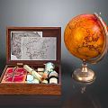 Vintage Decorative Ornament Set With Wooden Box Globe Maps And Small Decorative Pieces