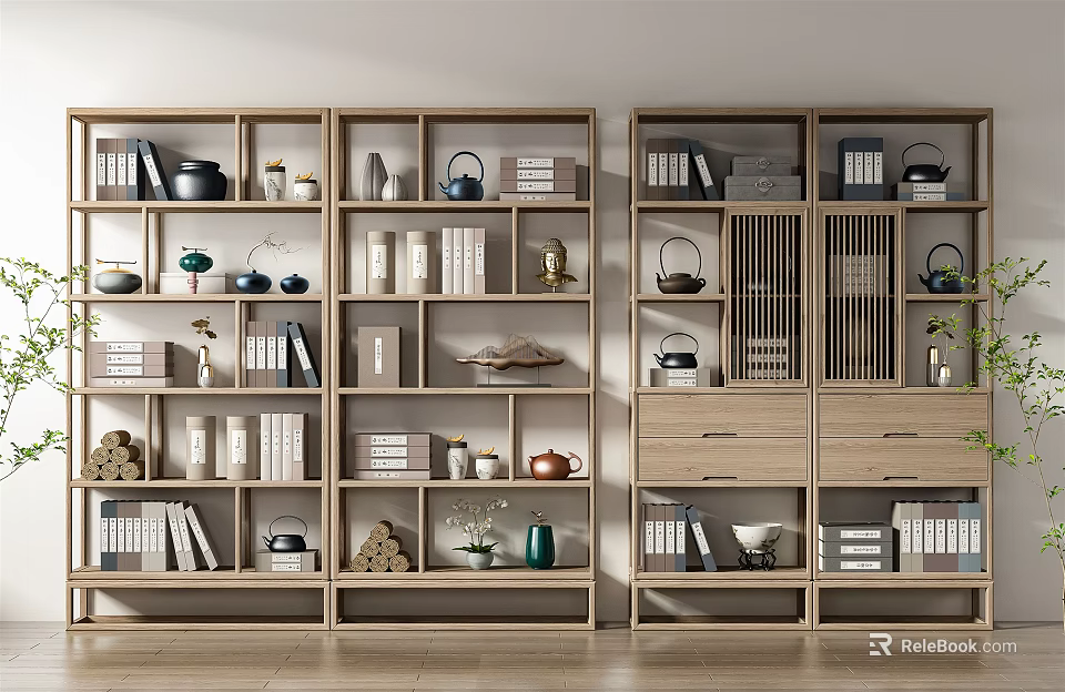 Wooden Shelf Unit With Multiple Compartments Holding Books Teapots And Decorative Items 3d model 