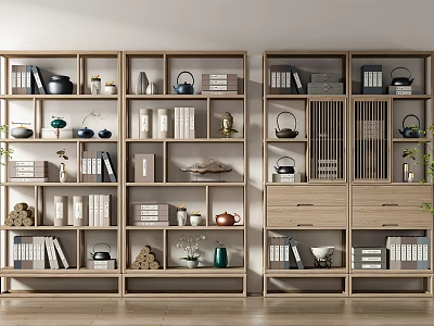 Wooden Shelf Unit With Multiple Compartments Holding Books Teapots And Decorative Items 3d model