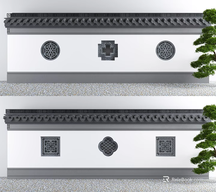 Traditional Chinese Scenic Wall With Circular And Square Lattice Designs Tile Eaves And Green Plants 3d model 