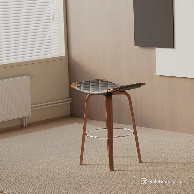 Modern Bar Stool With Black Seat Wooden Legs And Metal Crossbar Near Window And Radiator 3d model 