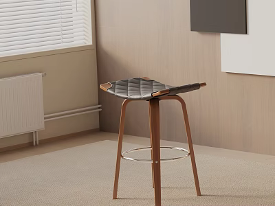 Modern Bar Stool With Black Seat Wooden Legs And Metal Crossbar Near Window And Radiator 3d model