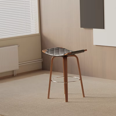 Modern Bar Stool With Black Seat Wooden Legs And Metal Crossbar Near Window And Radiator 3d model
