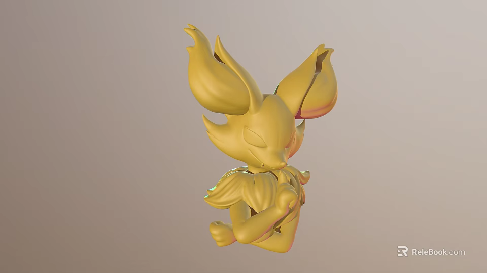 Golden Fox Like Game Movie Character With Big Ears And Flame Decorative Elements 3d model 