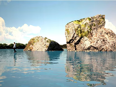 Scenic Calm Water View With Person Standing Near Rocky Outcrops And Sky Reflection 3d model
