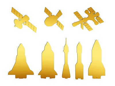 Set Of Golden Satellite And Rocket Silhouette Design Elements 3d model