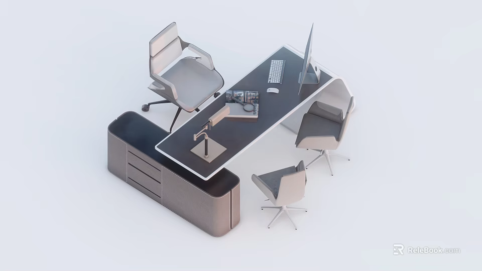 Modern Office Desk Setup With Computer Monitor Keyboard Mouse Three Chairs And Storage Cabinet 3d model 