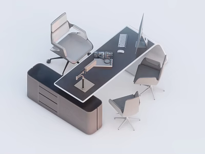 Modern Office Desk Setup With Computer Monitor Keyboard Mouse Three Chairs And Storage Cabinet 3d model