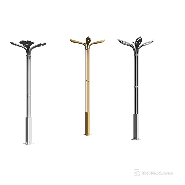 Stylish Modern Outdoor Lights With Slim Pole Leaf Shaped Top And Silver Gold Finishes 3d model 