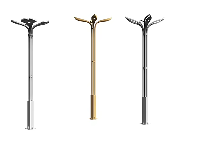 Stylish Modern Outdoor Lights With Slim Pole Leaf Shaped Top And Silver Gold Finishes 3d model