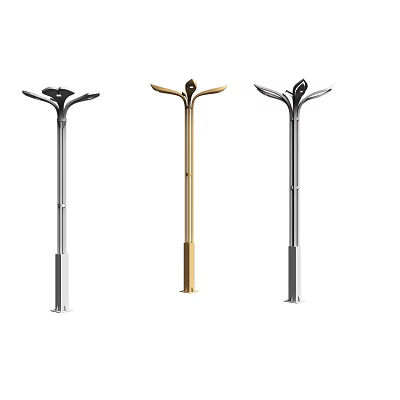 Stylish Modern Outdoor Lights With Slim Pole Leaf Shaped Top And Silver Gold Finishes 3d model