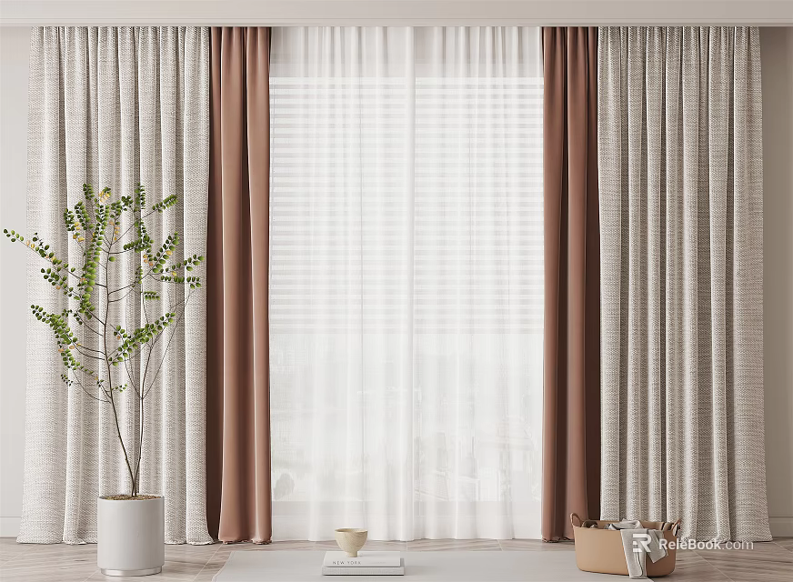 Brown And Beige Layered Curtains With White Sheer In Modern Living Room With Green Plant 3d model 