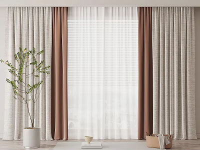 Brown And Beige Layered Curtains With White Sheer In Modern Living Room With Green Plant 3d model