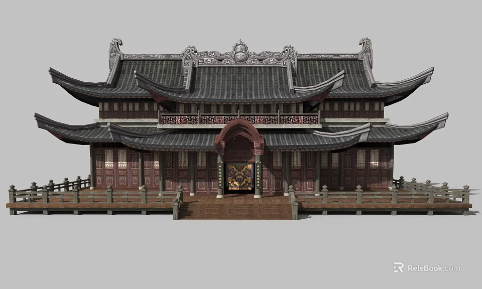 Cartoon Scene of Traditional Chinese Architecture with Curved Roof Carved Decorations and Wooden Railings 3d model 