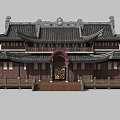 Cartoon Scene of Traditional Chinese Architecture with Curved Roof Carved Decorations and Wooden Railings