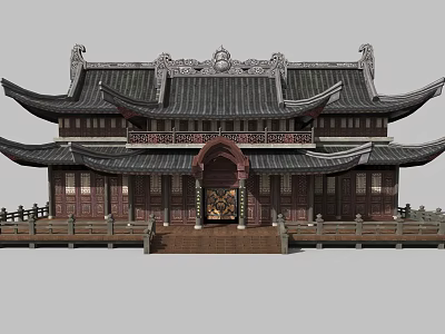 Cartoon Scene of Traditional Chinese Architecture with Curved Roof Carved Decorations and Wooden Railings 3d model