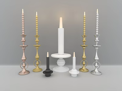 Various Colors Decorative Candle Holders With Different Designs And Lit Candle 3d model