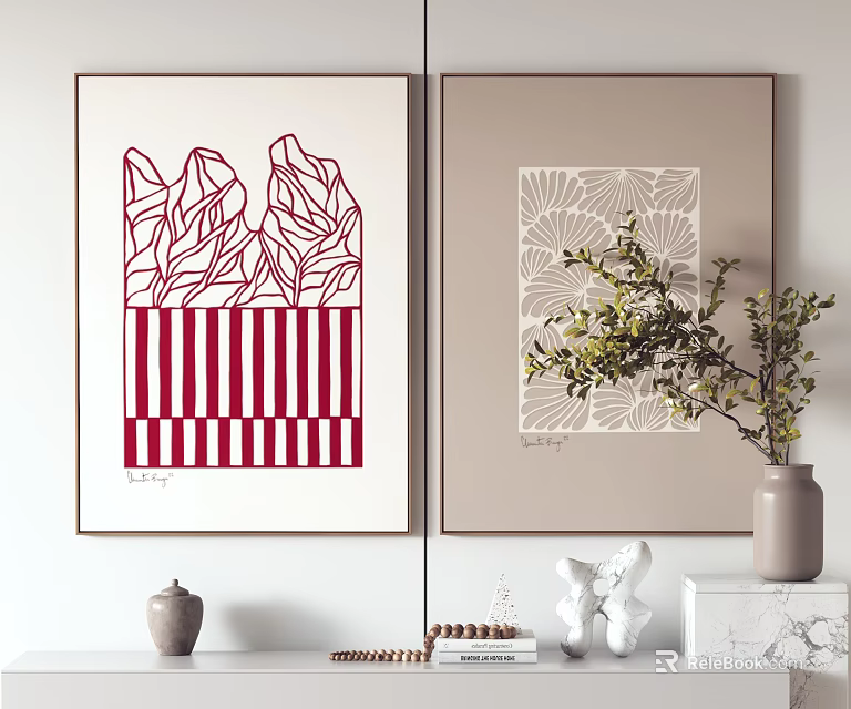 Abstract Decorative Prints On Wall With Shelf Plants And Decorative Items 3d model