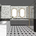 Elegant Bathroom Interior With Floral Wallpaper Gold Framed Oval Mirrors Black Vanity And Geometric Tiles
