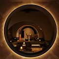 Modern Bar Interior With Arched Design Warm Lighting Wine Racks And Round Tables
