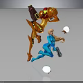 Blue Clad Character and Orange Mechanical Creature in Dynamic Jumping Pose With Circular Shields 3d model