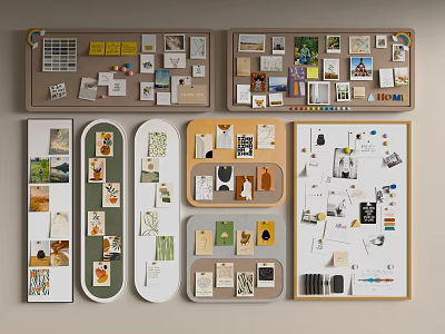 Various Design Wall Decorative Hangings Display On Multi Panel Boards With Cards And Small Items 3d model