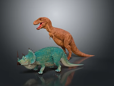 Realistic Brown Tyrannosaurus Rex and Turquoise Triceratops Dinosaur Models on Gray Background 3d model