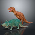 Realistic Brown Tyrannosaurus Rex and Turquoise Triceratops Dinosaur Models on Gray Background