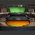 Enchanting Fantasy Scenery with Circular Structure Green Bowl Glowing Lava Wooden Railing and Steps