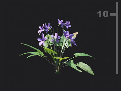 Vibrant Purple Flowers with Lush Green Leaves and a Butterfly Perched 3d model