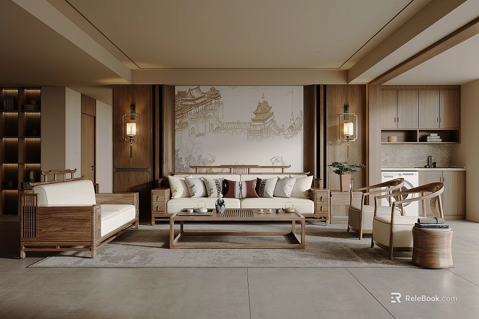 Traditional Living Room Interior With Wooden Sofa Coffee Table Large Decorative Painting And Wall Lamps 3d model 