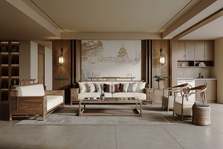 New Chinese Style Home Living Room Solid Wood Sofa Coffee Table Combination Leisure Single Chair Background Wall Panel Balcony Cabinet Washing Machine Cabinet Chandelier Carpet Ceiling 3d model