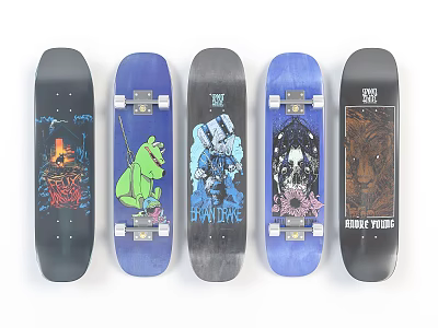 Various Skateboards With Unique Graphic Designs And Colorful Artwork Prints 3d model
