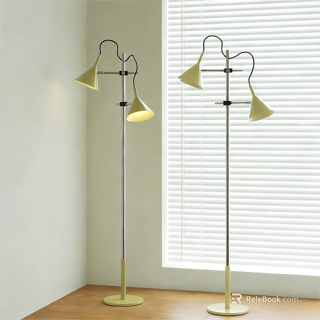 Modern Floor Lamp With Conical Shades And Metal Stand Near Window With Blinds 3d model 