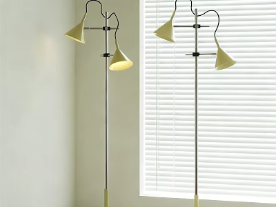 Modern Floor Lamp With Conical Shades And Metal Stand Near Window With Blinds 3d model