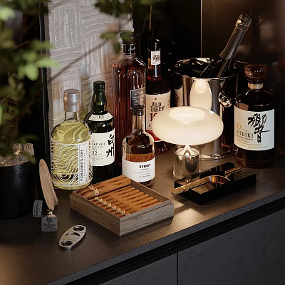 Elegant Assorted Wine Bottles And Glasses With Cigars Ice Bucket And Green Plants Decor 3d model