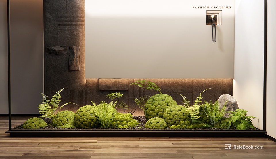 Serene Indoor Landscape With Soft Lighting Lush Ferns Round Bushes Natural Stones And Wooden Floor 3d model 