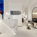 Modern Hair and Beauty Salon Interior With Large Mirrors Styling Chairs Blue White Decor