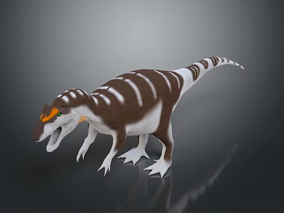 3D Rendered Dinosaur With Brown White Stripes Orange Green Head Open Mouth On Gray Background 3d model
