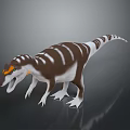 3D Rendered Dinosaur With Brown White Stripes Orange Green Head Open Mouth On Gray Background
