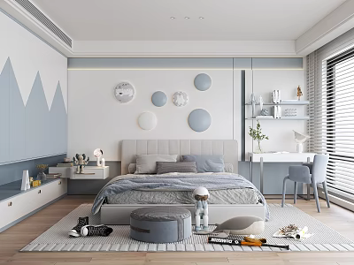 Kids Room Interior With Gray Bed Circular Wall Decor Desk Chair And Rug 3d model