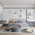 Kids Room Interior With Gray Bed Circular Wall Decor Desk Chair And Rug
