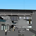 Modern Commercial Building Exterior Featuring Glass Windows Decorative Grille Trees Benches And Pedestrians