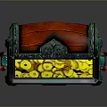 Open Decorative Storage Chest With Green Red Accents And Gold Coins Inside
