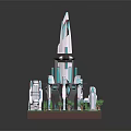 Futuristic Architecture Model Featuring Tall Tower With Blue White Design And Green Surroundings